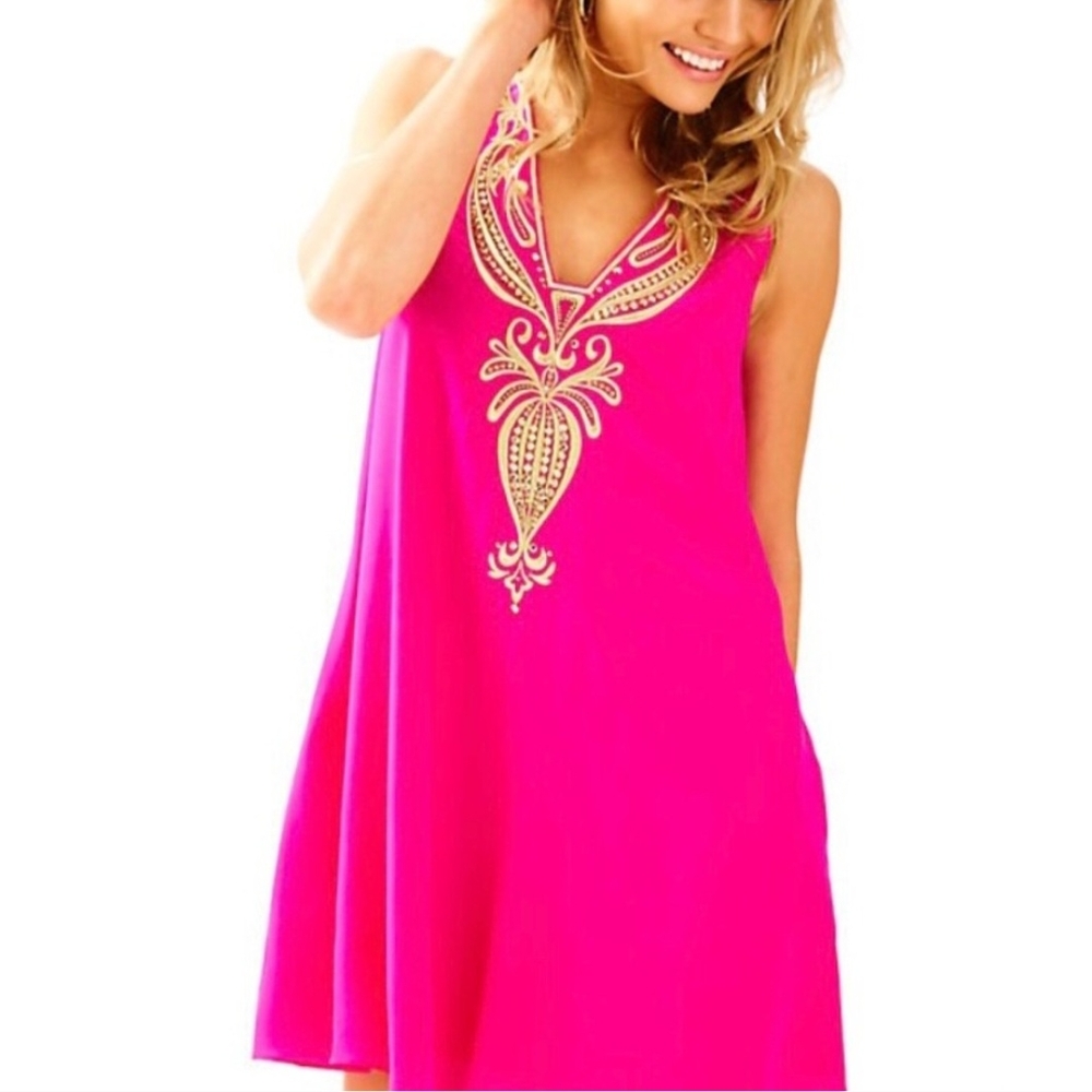 Lilly Pulitzer Silk Owen Fuchia Mini Dress with Gold Accents